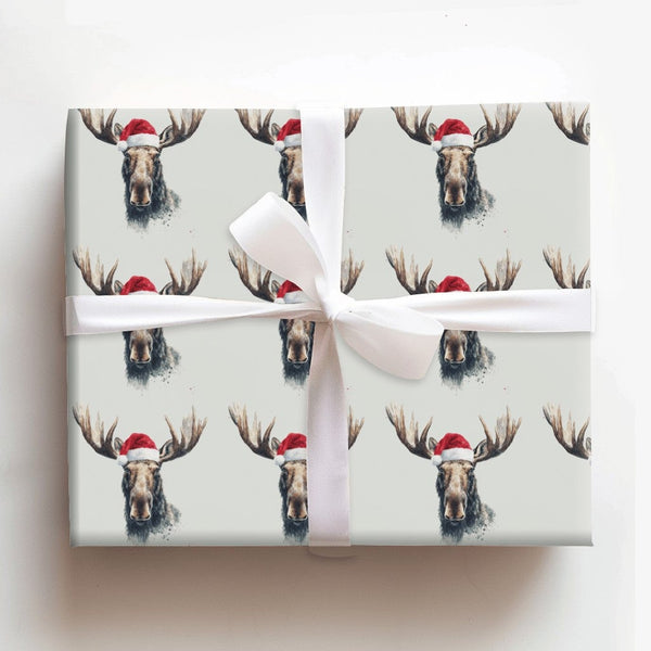 Watercolor Santa Moose Gift Wrap, Moose Christmas Wrapping Paper, Rustic Holiday Wrapping Paper Roll, Winter Wildlife Wrappin