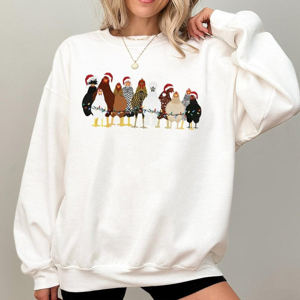 Festive Holiday Lights Chicken Crewneck, Christmas Chicken Sweatshirt, Humorous Farmer Xmas Sweater, Farm Animal Pullover, Ch