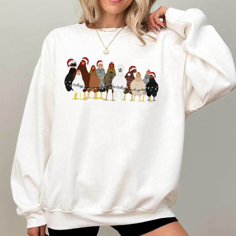 Festive Holiday Lights Chicken Crewneck, Christmas Chicken Sweatshirt, Humorous Farmer Xmas Sweater, Farm Animal Pullover, Chicken Lover Present