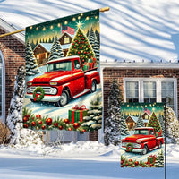 Winter Farmhouse Snow Scene Yard Flag, Vintage Red Pickup Truck Christmas Garden Flag, Double Sided Holiday Lawn Flag, Xmas Yard Decor