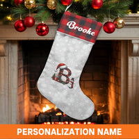 Custom Name Plaid Stocking, Personalized Red Buffalo Plaid Initial Christmas Stocking, Velboa Xmas Stocking, Holiday Decor Present for Family