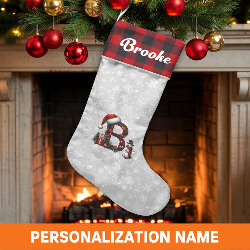 Custom Name Plaid Stocking, Personalized Red Buffalo Plaid Initial Christmas Stocking, Velboa Xmas Stocking, Holiday Decor Present for Family