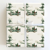 Farmhouse Tree Gift Wrap, Vintage Green Truck Christmas Wrapping Paper, Rustic Pine Holiday Wrapping Paper, Winter Present Gift Wrap Roll