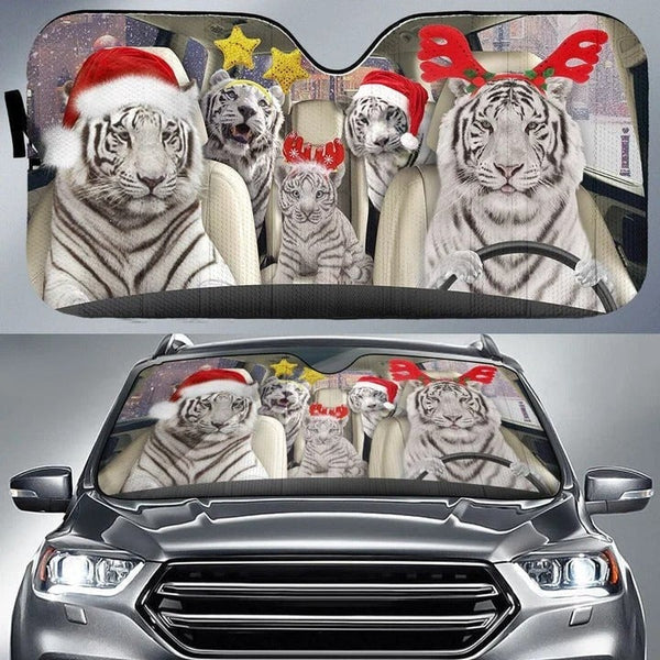 Holiday Animal Windshield Cover, White Tiger Christmas Car Sunshade, Adorable Winter Sun Visor Shield, Christmas Tiger Car Su