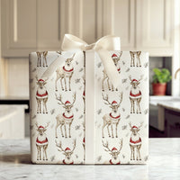 Santa Hat Reindeer Gift Wrap, Watercolor Reindeer Wrapping Paper, Festive Reindeer Christmas Paper Roll, Holiday Gift Wrapping Paper