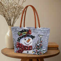 Winter Holiday Tree Tote Bag, Christmas Snowman and Cardinal Tote Bag, Festive Seasonal Shoulder Tote Bag, Large Daily Handbag Xmas Present