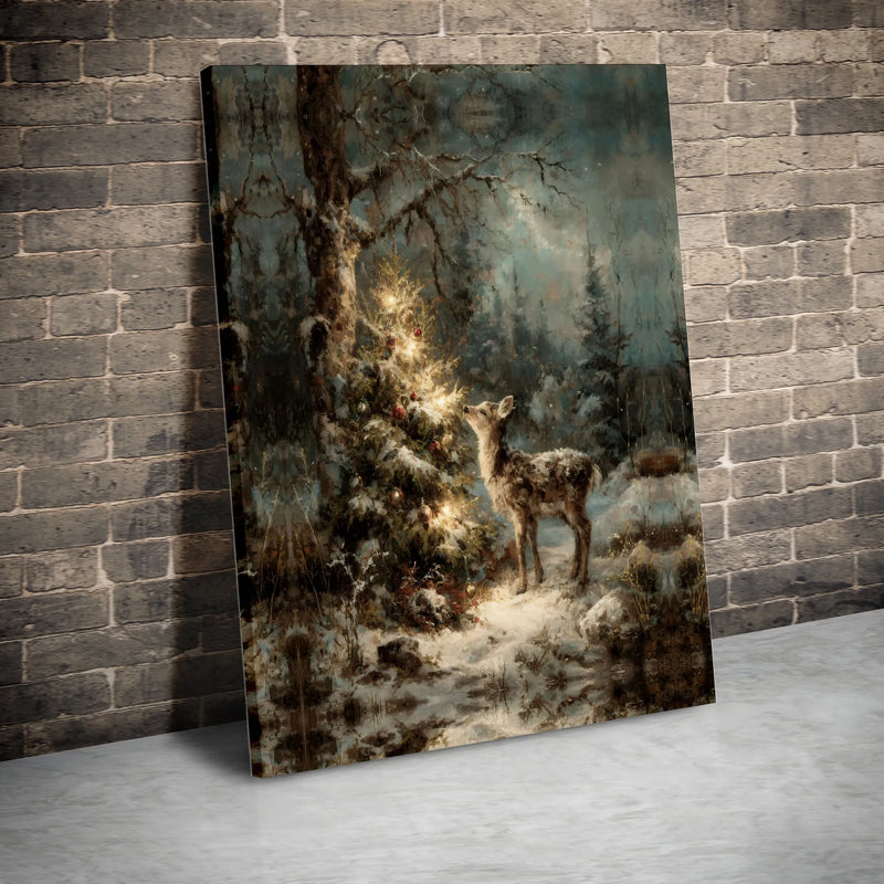Snowy Winter Fawn Glowing Tree Print Digital Download, Christmas Forest Deer Canvas Wall Art, Comfy Holiday Poster, Seasonal Christmas Decor