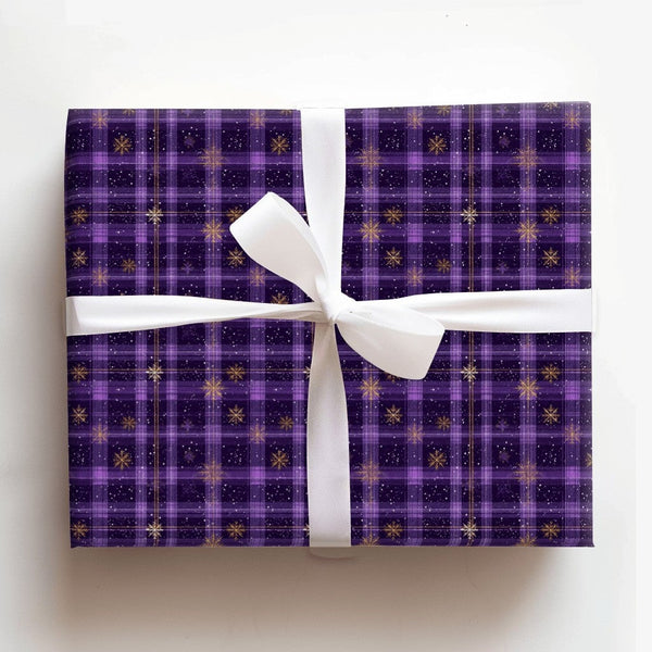 Gold Snowflake Holiday Gift Wrap, Purple Plaid Wrapping Paper, Tartan Winter Wrapping Paper, Elegant Christmas Gift Wrap Roll