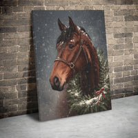Snowy Equestrian Winter Wreath Portrait, Christmas Horse Canvas Wall Art, Rustic Farmhouse Holiday Decor, Horse Lover Present Art Canvas