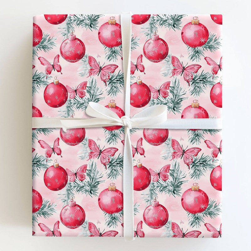 Red Ornament Gift Wrap, Pink Butterfly Christmas Wrapping Paper, Whimsical Winter Pine Present Wrap, Coquette Holiday Gift Wrapping Paper