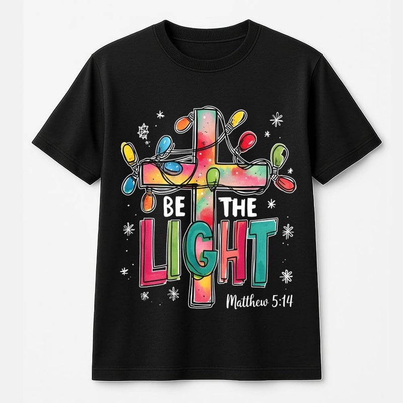 Christmas Lights Christian Cross Graphic Tee, Matthew 5:14 Be the Light T-Shirt, Bible Scripture Religious Shirt, Jesus Faith Tee