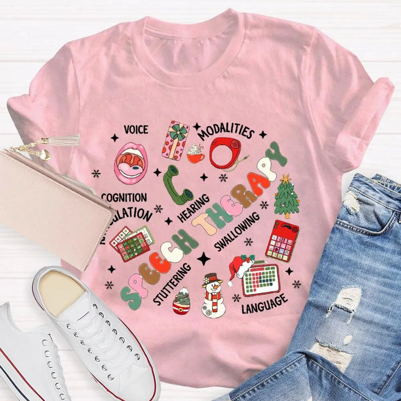 SLP Voice Stuttering Awareness T-Shirt, Speech Therapy Christmas Shirt, Speech Language Pathologist Xmas Tee, SLP Student Holiday Present