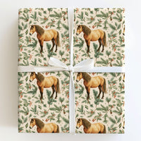 Holly and Pine Holiday Gift Wrap, Rustic Horse Christmas Wrapping Paper, Equestrian Winter Wrapping Paper, Country Woodland Present Wrap