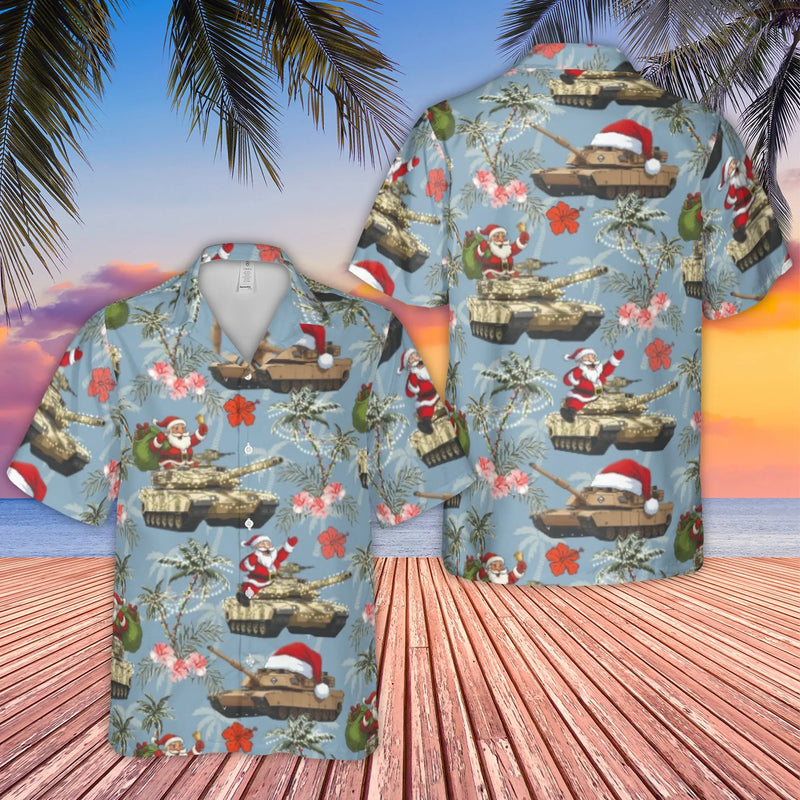 Humorous Military Holiday Aloha Shirt, Santa Tank Christmas Hawaiian Shirt, Tropical Santa Button Down Shirt, Veteran Holiday Present