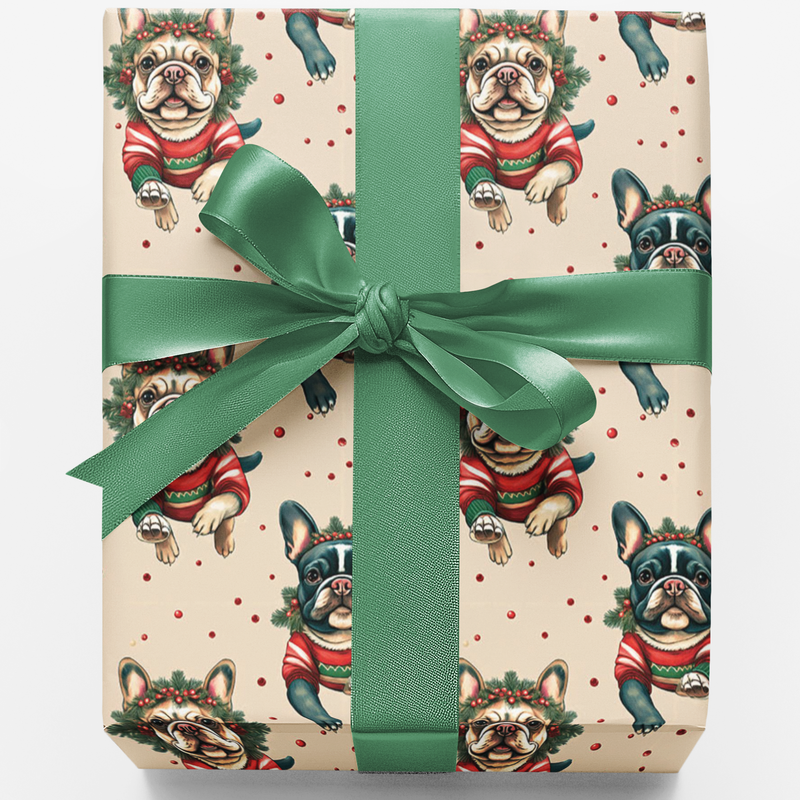 Festive Frenchie Holiday Gift Wrap Roll, French Bulldog Christmas Wrapping Paper, Dog Lover Christmas Wrapping Paper, Puppy Present Wrap