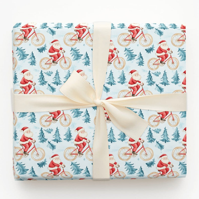 Cycling Santa Claus Gift Wrap, Santa on Bicycle Wrapping Paper, Watercolor Bike Rider Holiday Paper, Christmas Sport Wrapping Paper Roll