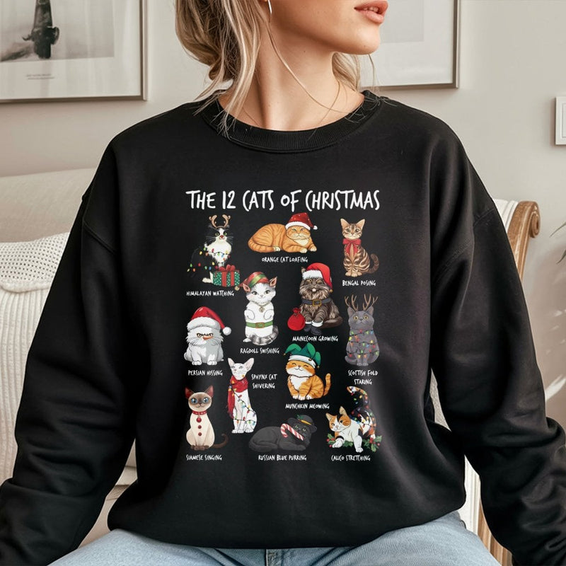 Humorous Holiday Cat Lover Sweatshirt, 12 Cats of Christmas Sweatshirt, Festive Kitten Xmas Crewneck, Adorable Pet Graphic Sweatshirt, Cat Mom Present