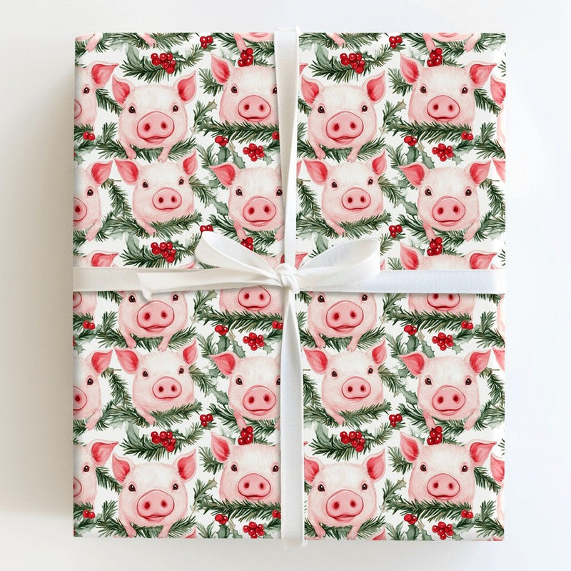 Adorable Holiday Animal Gift Wrap, Watercolor Christmas Pig Wrapping Paper, Holly Pine Wreath Wrapping Paper Roll, Festive Farm Pig Gift Wrap