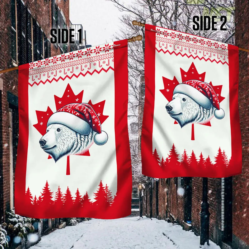 Santa Hat Polar Bear Holiday Flag, Christmas Bear Canadian Flag Garden Flag, Double-Sided Canada Maple Leaf Yard Flag, Winter Lawn Decor