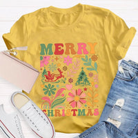 Colorful Flowers Holiday Trees Tee, Christmas Floral Tree Shirt, Botanical Xmas Graphic T-Shirt, Festive Winter Holiday Apparel