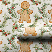 Watercolor Holly Pine Gift Wrap, Gingerbread Man Christmas Wrapping Paper, Festive Holiday Wrapping Paper, Cookie Seasonal Present Packaging