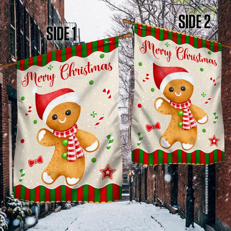 Double Sided Holiday Yard Flag, Gingerbread Man Christmas Garden Flag, Adorable Winter Cookie Flag, Festive Seasonal Outdoor Lawn House Decor