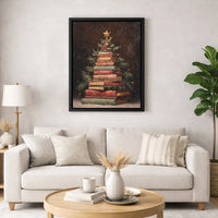Stacked Books Holiday Poster, Bookish Christmas Tree Canvas Print, Oil Painting Bookworm Wall Art, Printable Digital Download