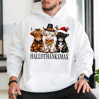 Adorable Highland Cow Sweatshirt, Highland Cow Hallothanksmas Hoodie, Fall Thanksgiving Christmas Hoodie, Humorous Farm Animal Hooded Pullover