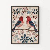 Folk Art Tapestry Print, Vintage Winter Birds Poster, Rustic Snowflakes Bird Wall Art, Scandinavian Christmas Decor