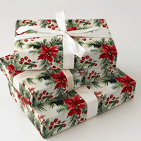 Holly Berry Christmas Wrapping Paper, Watercolor Poinsettia Wrapping Paper, Pine Botanical Gift Wrap, Vintage Holiday Floral Wrapping Paper
