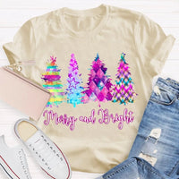 Colorful Tie-Dye Holiday T-Shirt, Merry and Bright Christmas Tree Shirt, Retro Christmas Graphic Tee, Festive Holiday Season Shirt