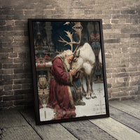 Vintage Christmas Oil Painting Canvas Print, Santa Claus and Reindeer Canvas Wall Art, Holiday Canvas Art, Rustic Winter Wall Decor Present