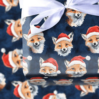 Woodland Animal Christmas Gift Wrap, Fox in Santa Hat Wrapping Paper, Navy Blue Holiday Present Paper