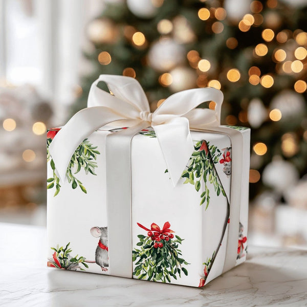 Watercolor Mistletoe and Red Bow Gift Wrap, Christmas Mouse Wrapping Paper, Adorable Winter Animal Wrapping Paper, Festive Ho