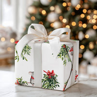 Watercolor Mistletoe and Red Bow Gift Wrap, Christmas Mouse Wrapping Paper, Adorable Winter Animal Wrapping Paper, Festive Holiday Gift Wrap