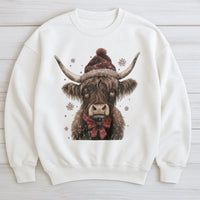 Western Farmhouse Cow Santa Hat Crewneck, Highland Cow Christmas Sweatshirt, Rustic Country Holiday Pullover, Winter Animal Sweater