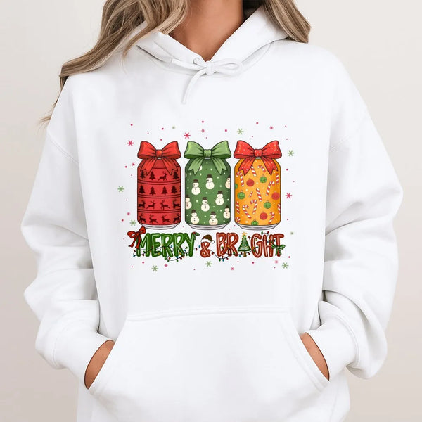 Festive Mason Jar Candy Cane Hooded Sweatshirt, Merry and Bright Christmas Hoodie, Winter Holiday Snowman Pullover, Xmas Hood