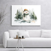 Winter Forest Christmas Canvas Print, Watercolor Snowman Canvas Art, Holiday Wall Decor, Seasonal Winter Landscape Canvas Wall Art