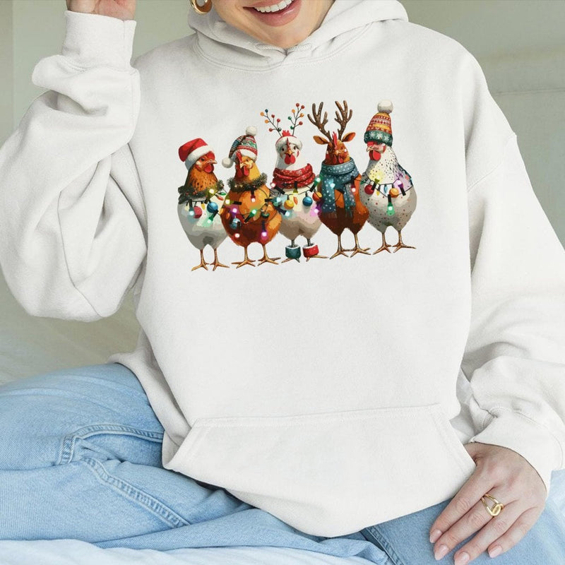 Holiday Lights Chicken Sweatshirt, Christmas Chicken Hoodie, Humorous Farm Animal Xmas Hoodie, Comfy Winter Pullover, Chicken Lover Holiday Present