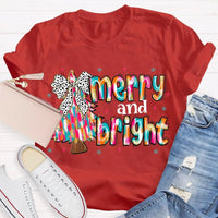 Festive Holiday Graphic Tee, Merry and Bright Tie Dye Tree Shirt, Christmas Tree T-Shirt, Retro Xmas Party Top, Family Holiday Present Tee