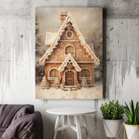Snowy Winter Cabin Canvas Print, Christmas Gingerbread House Wall Art, Festive Holiday Wall Decor, Seasonal Christmas Cottage Canvas