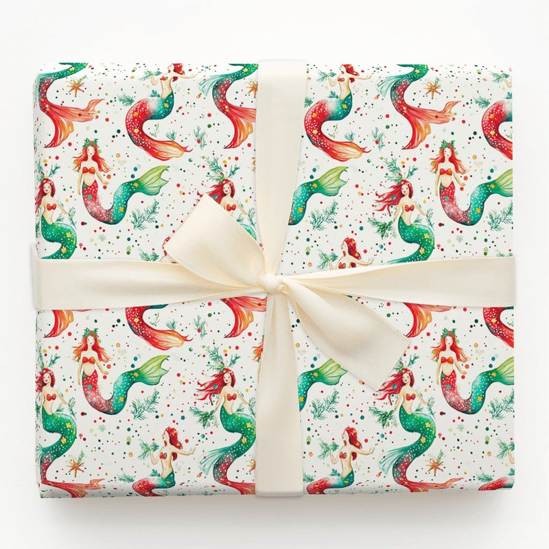 Coastal Holiday Mermaid Gift Wrap, Christmas Mermaid Wrapping Paper, Watercolor Mermaid Present Paper, Nautical Xmas Gift Wrap