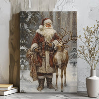 Snowy Reindeer Christmas Canvas, Vintage Santa Claus Canvas Wall Art, Winter Forest Holiday Wall Art, Retro Santa Canvas Print Present