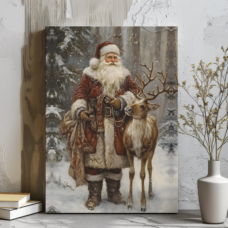 Snowy Reindeer Christmas Canvas, Vintage Santa Claus Canvas Wall Art, Winter Forest Holiday Wall Art, Retro Santa Canvas Print Present