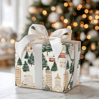 Red Trolley Christmas Gift Wrap, Winter Cityscape Wrapping Paper, Watercolor City Streetcar Wrapping Paper, Festive Holiday Gift Wrap Roll