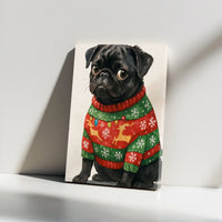 Ugly Sweater Pug Dog Canvas Print, Black Pug Christmas Canvas Wall Art, Holiday Pet Wall Decor, Adorable Christmas Animal Lover Canvas