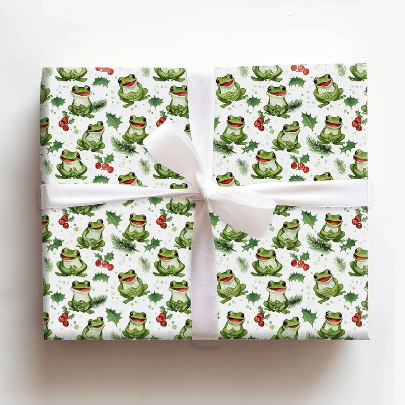 Holly Berry Animal Gift Wrap Roll, Adorable Frog Christmas Wrapping Paper, Whimsical Holiday Wrapping Paper, Adorable Amphibian Kids Gift Wrap
