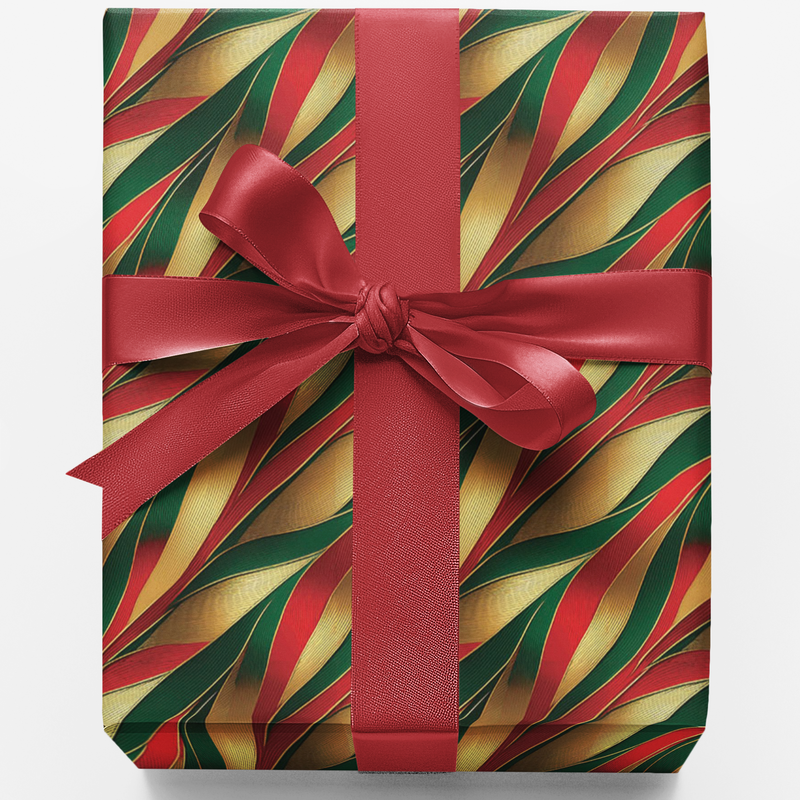 Elegant Wave Gift Wrap, Red Green Gold Christmas Wrapping Paper, Abstract Holiday Paper, Christmas Present Wrapping Paper Roll