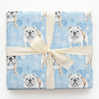 Watercolor Winter Dog Gift Wrap, English Bulldog Wrapping Paper, Adorable Bulldog Holiday Wrapping Paper, Blue Snowflake Christmas Gift Wrap