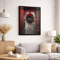 Red Wreath Farmhouse Canvas Print, Rustic Christmas Door Canvas Wall Art, Winter Holiday Decor Canvas, Country Xmas Wall Art Present